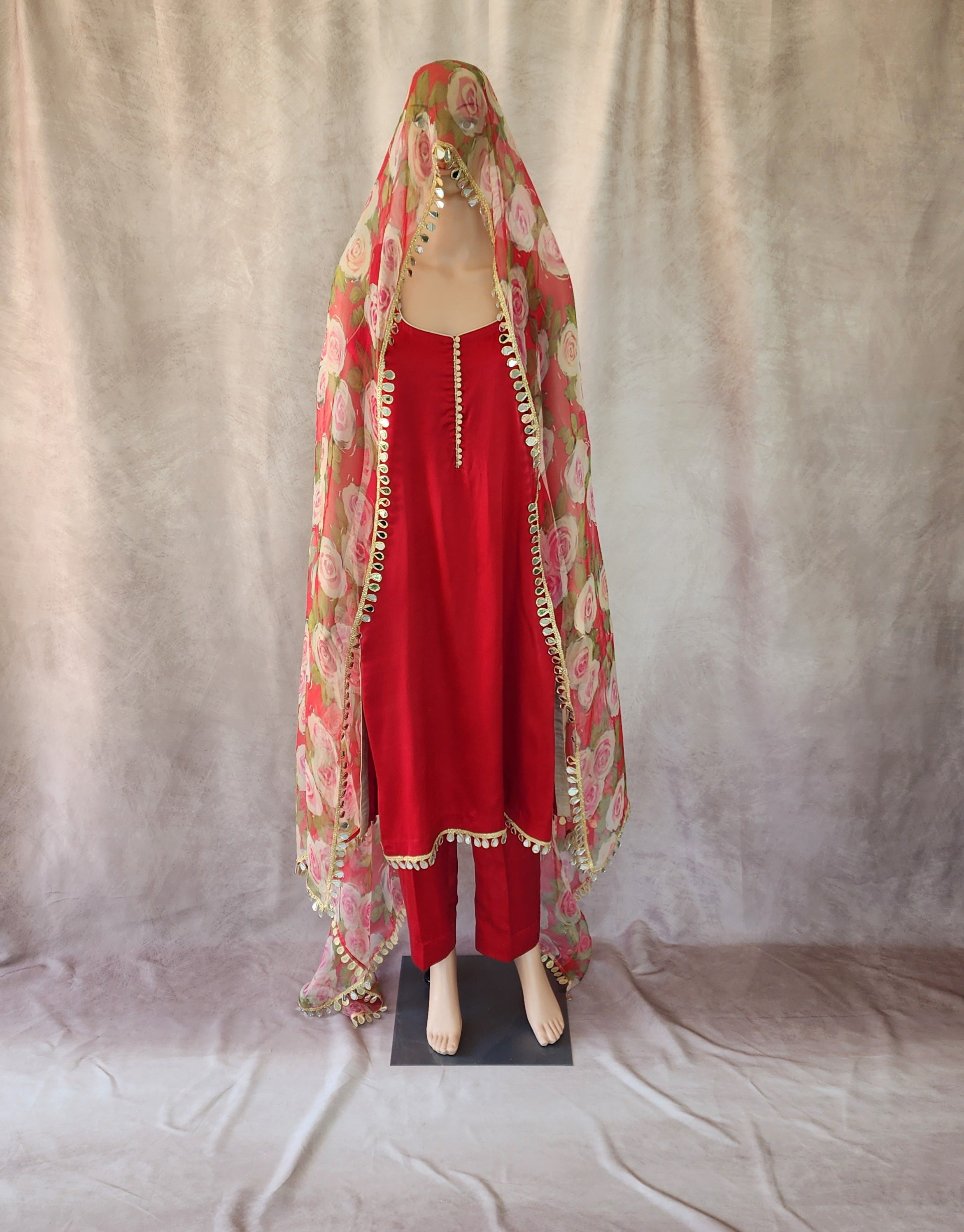 Red Suit with Rose Dupatta