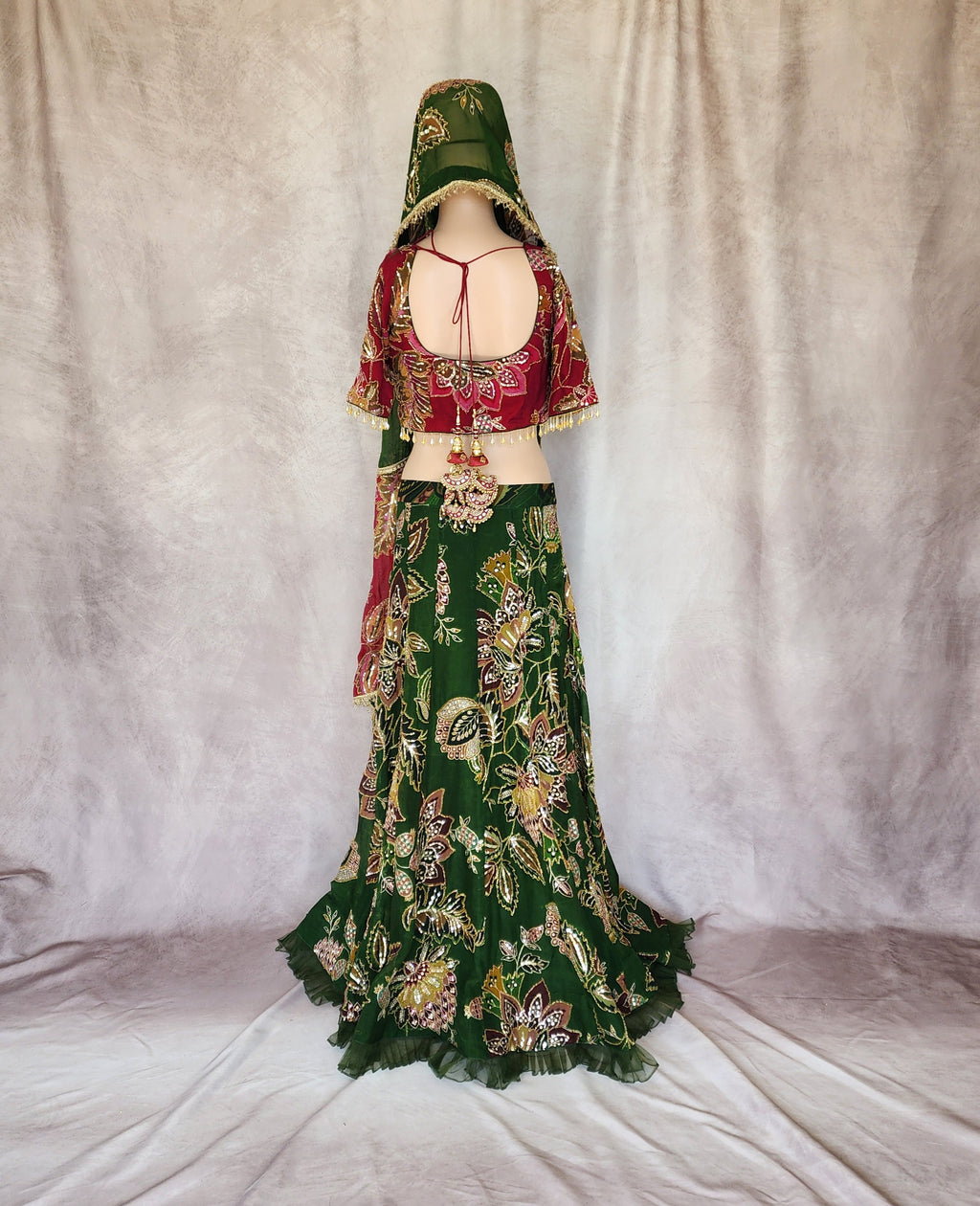 Chint Red & Green Lehenga