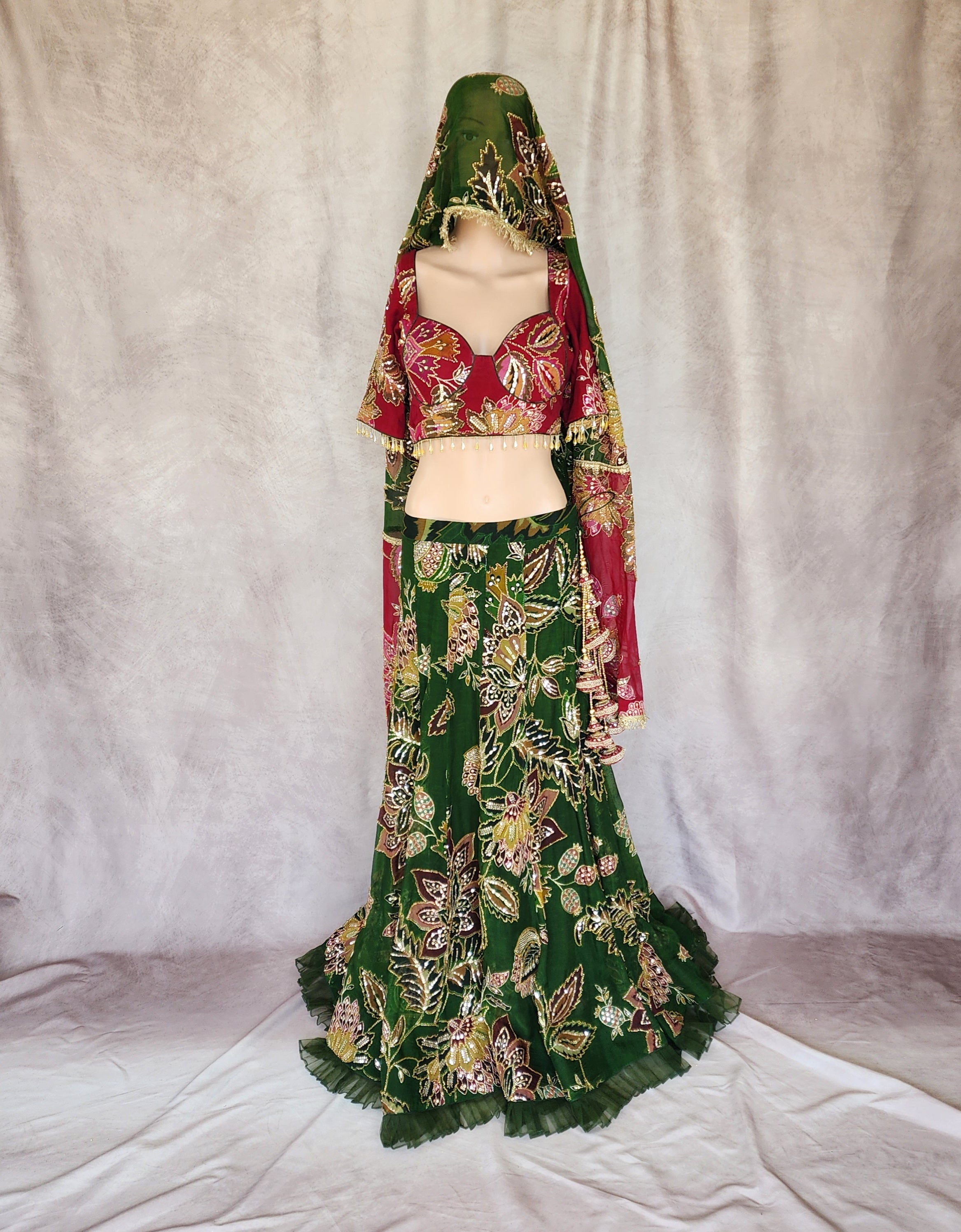Chint Red & Green Lehenga